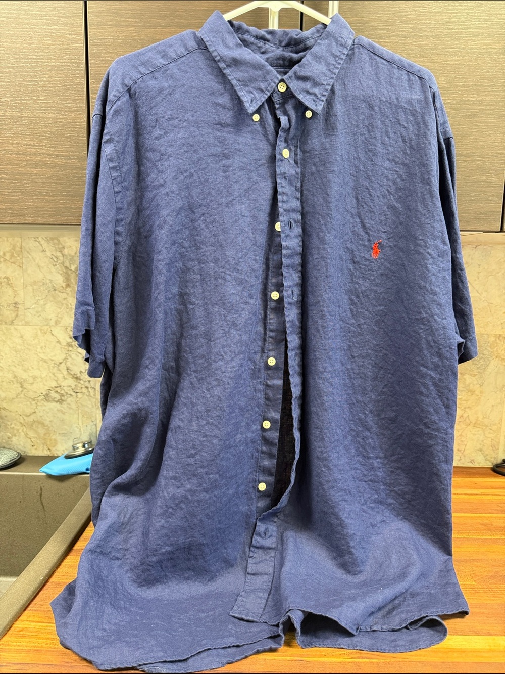 Ralph Lauren Blue Linen Short-Sleeve Button-Down with Red Polo Logo